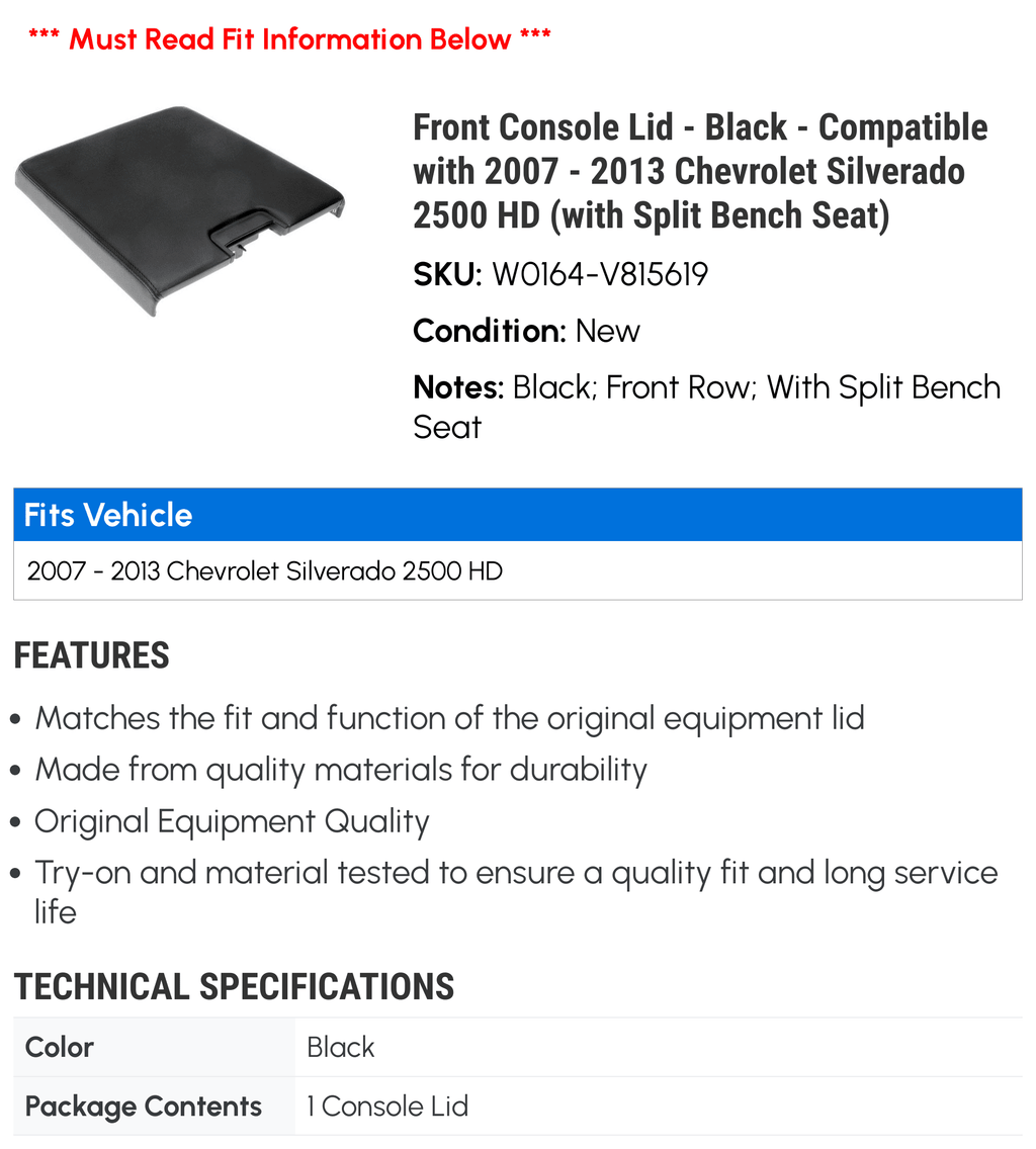 Front Console Lid - Black - Compatible with 2007 - 2013 Chevy Silverado 2500 HD (with Split Bench Seat) 2008 2009 2010 2011 2012