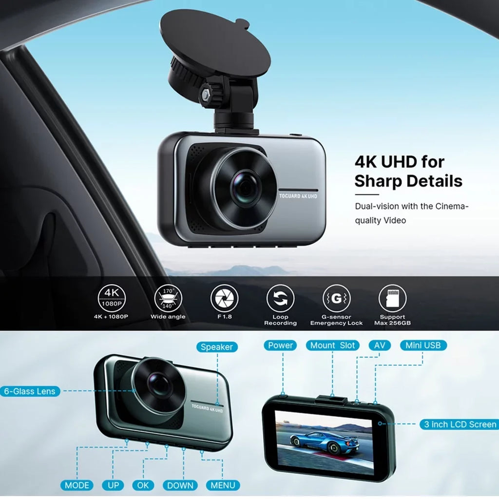 Toguard 4K Dash Cam Front and Rear Dual Dash Camera 3-inch LCD WDR Car Camera with Parking Monitor, Loop Recording, G-Sensor Function, Motion Detection, Built-in Battery