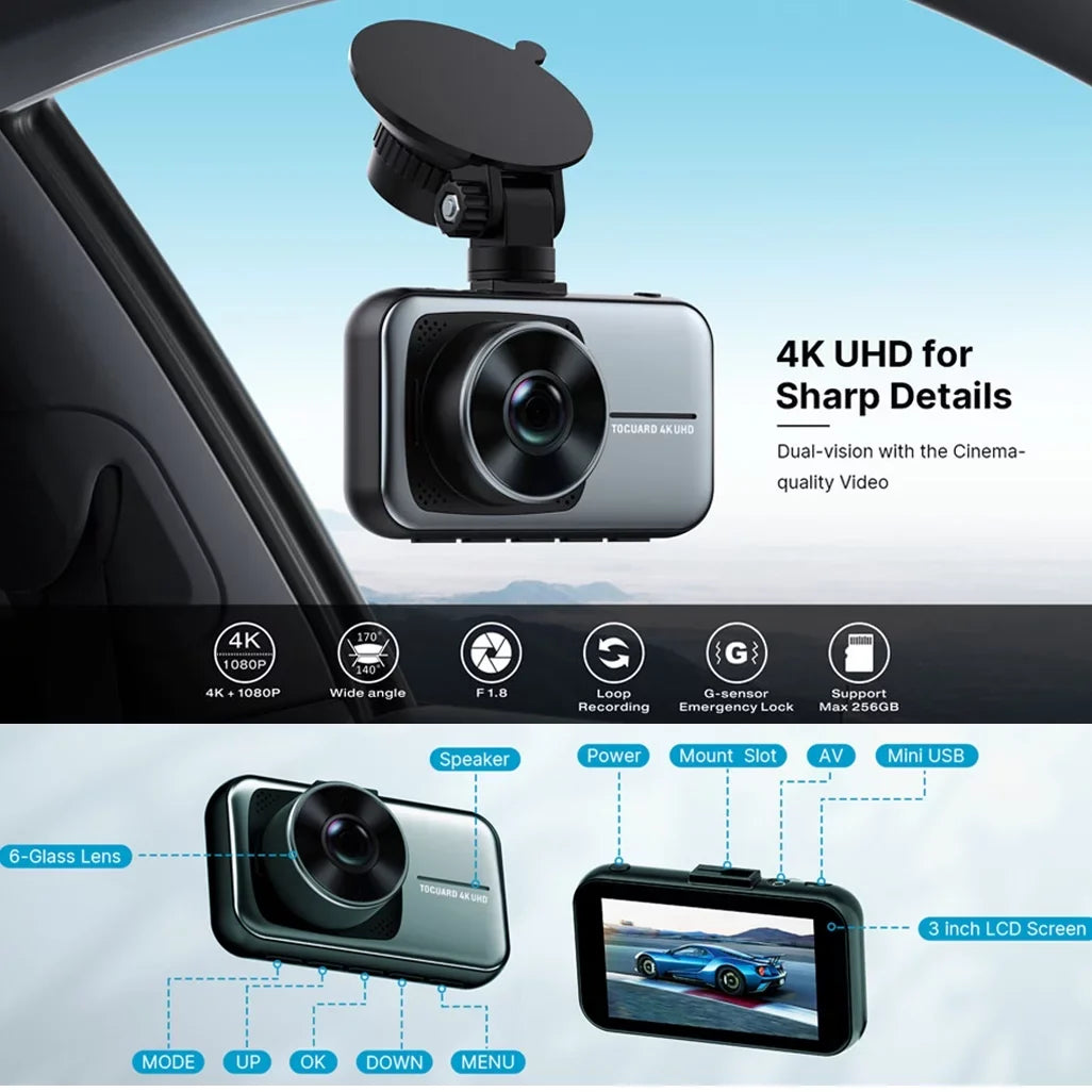 Toguard 4K Dash Cam Front and Rear Dual Dash Camera 3-inch LCD WDR Car Camera with Parking Monitor, Loop Recording, G-Sensor Function, Motion Detection, Built-in Battery