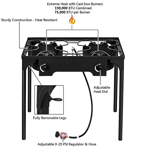 Outvita 2 Burner Propane Gas Stove for Outdoor Cooking, 150,000 BTU Camping Cooker with Removable Legs, Temperature Control Knobs for Backyard Cooking, BBQ, Baking and Frying