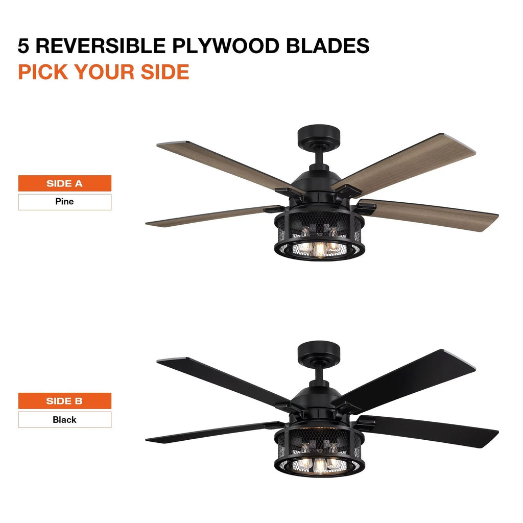 Parrot Uncle 52" Industrial Reversible 5-Blade Mesh LED Ceiling Fan with Remote