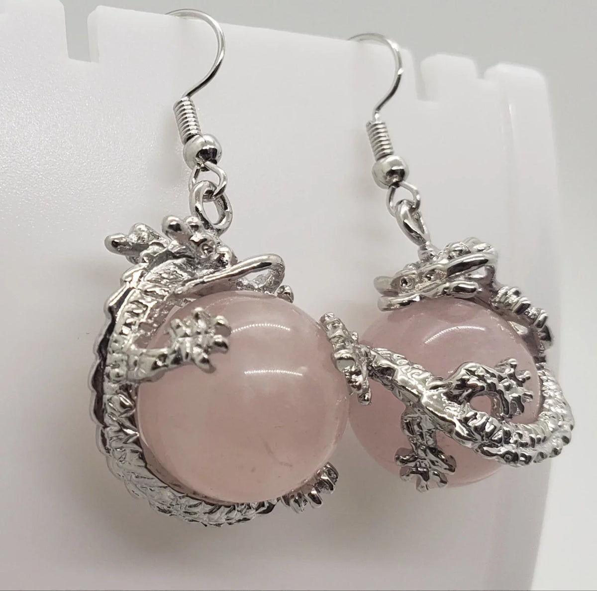 Natural Rose Quartz Dragon Earrings