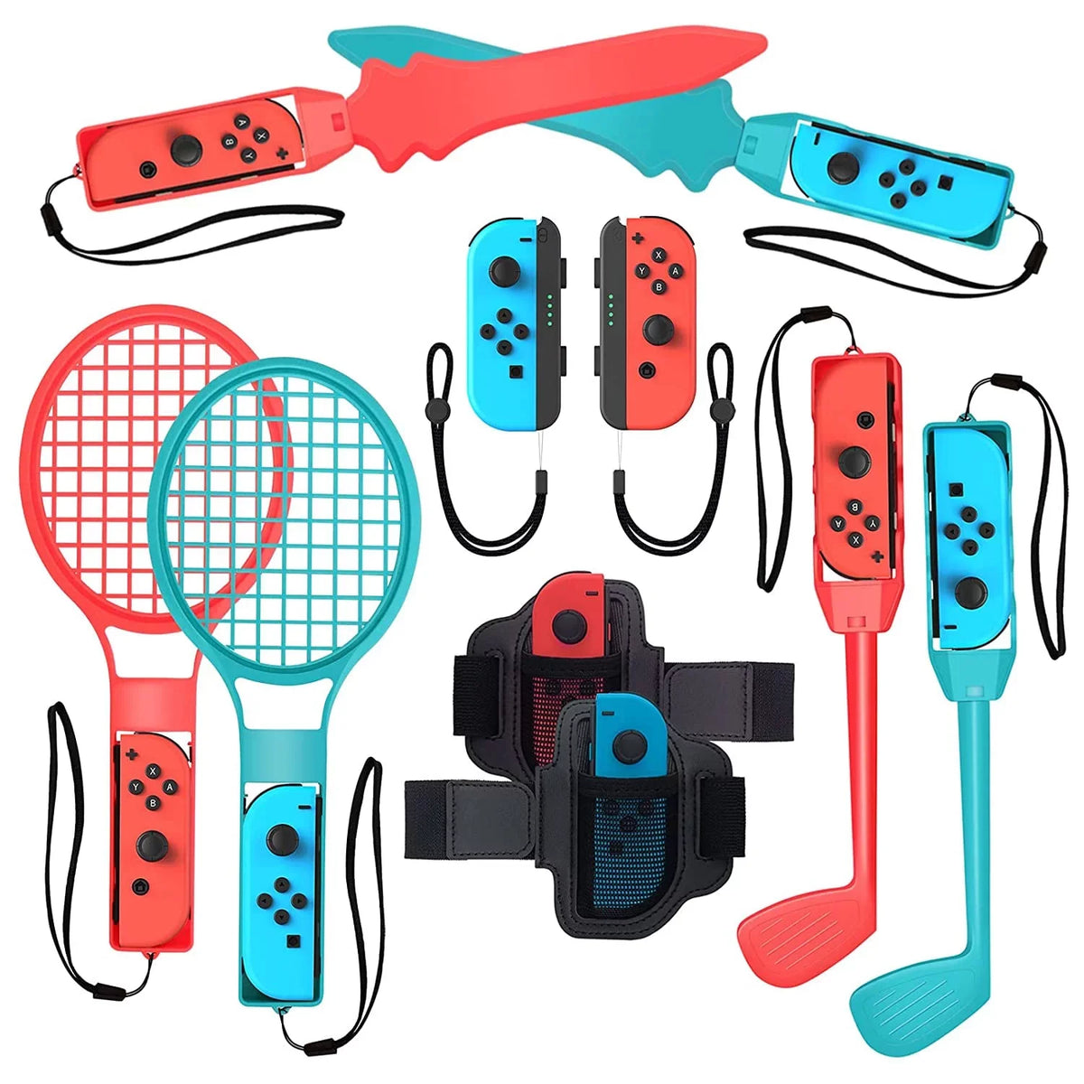 HOH 10 in 1 Family Accessories Kit for Switch Sports, Accessories Bundle with Tennis Rackets,Sword Grips,Golf Clubs etc