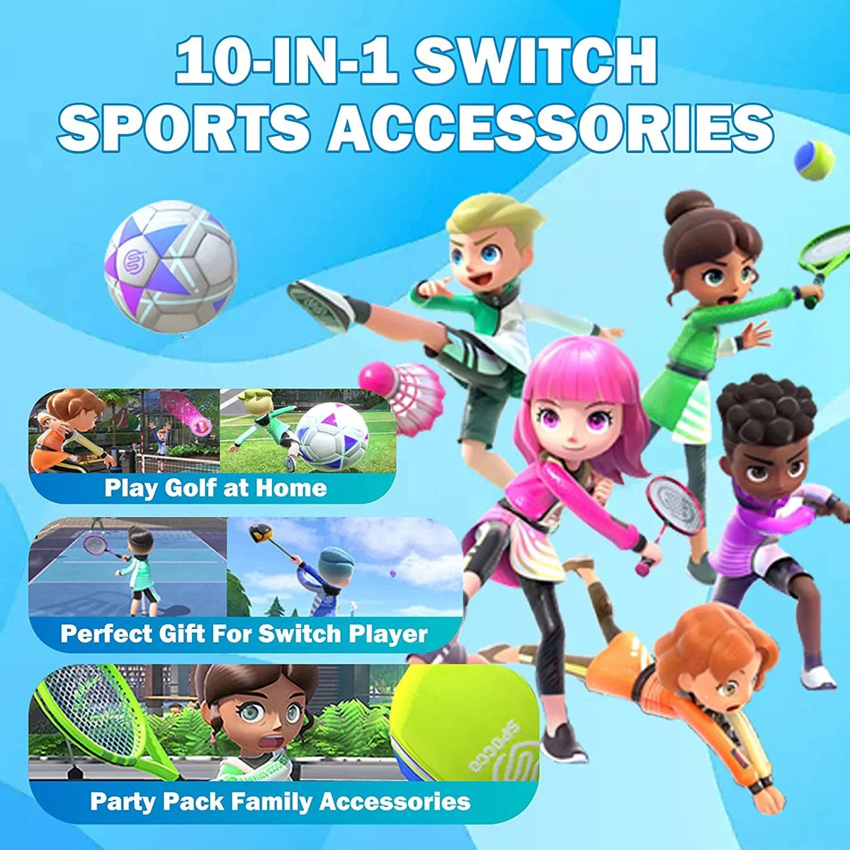 HOH 10 in 1 Family Accessories Kit for Switch Sports, Accessories Bundle with Tennis Rackets,Sword Grips,Golf Clubs etc