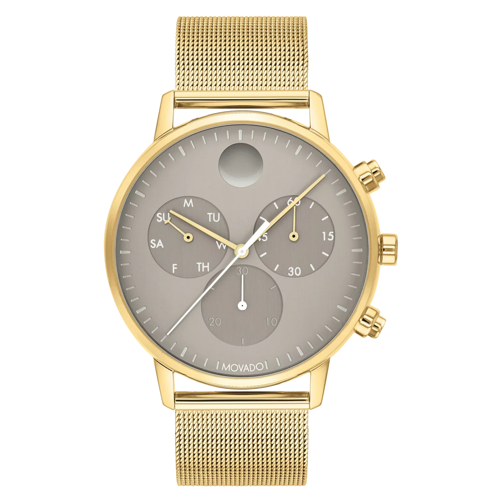 Movado Face 43MM Yellow Gold Ion-Plated Steel Case, Mesh Band Grey Dial Watch 3640052