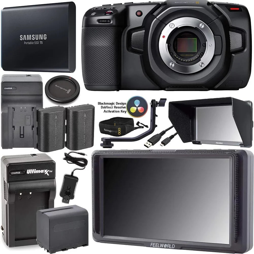 Blackmagic Design Pocket Cinema 4k Camera with FeelWorld F5 5.0" Full HD HDMI On-Camera Monitor with 4K Support and Tilt Arm and Samsung Portable SSD 1TB T5 Bundle