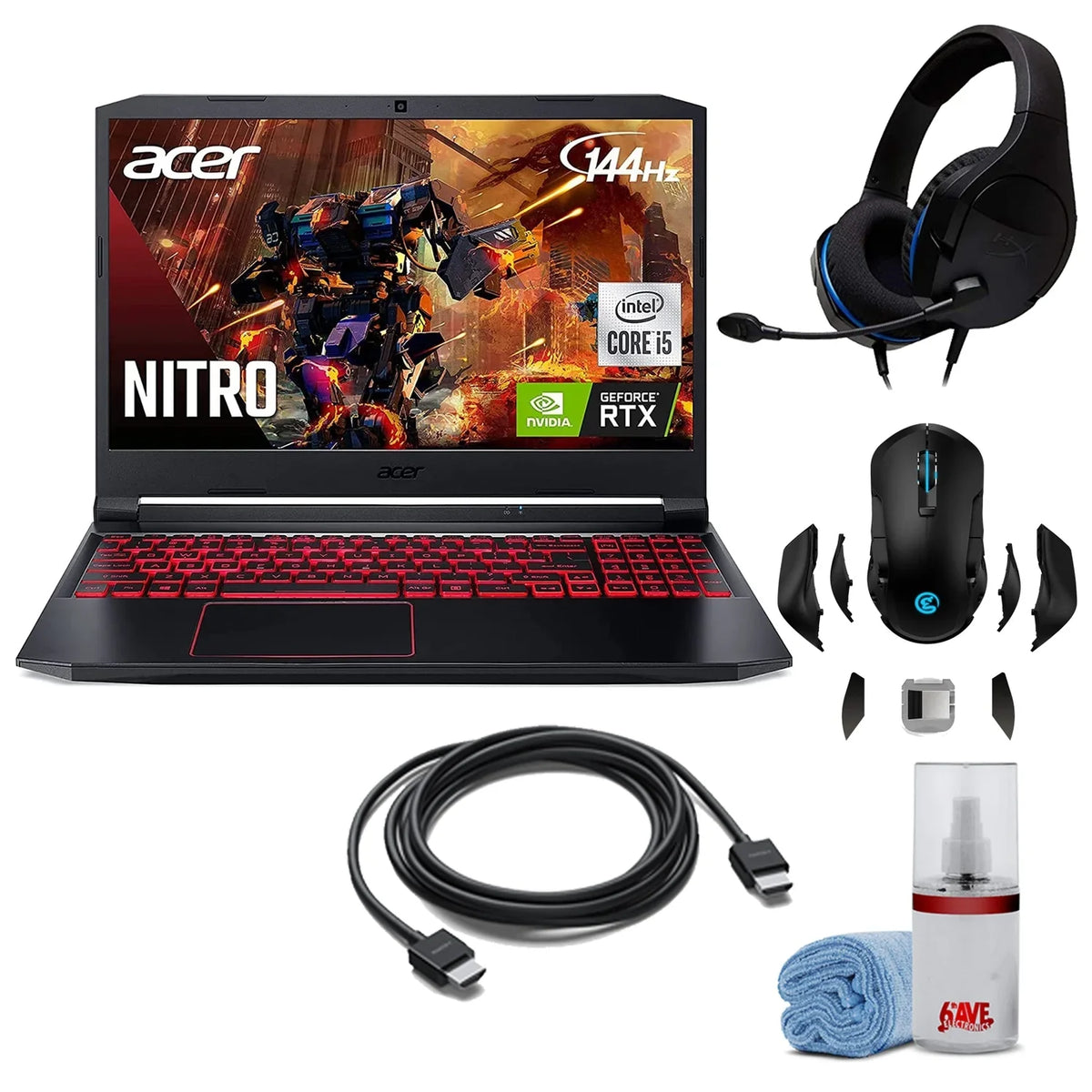 Acer Nitro 5 15.6-Inch 144hz IPS Gaming Device + High Quality 6ft HDMI Cable + LCD Screen Cleaner + Wired Stereo Gaming Headset + Gaming Mouse