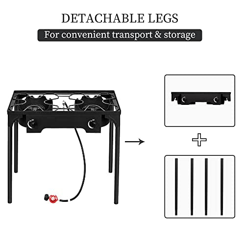 Outvita 2 Burner Propane Gas Stove for Outdoor Cooking, 150,000 BTU Camping Cooker with Removable Legs, Temperature Control Knobs for Backyard Cooking, BBQ, Baking and Frying
