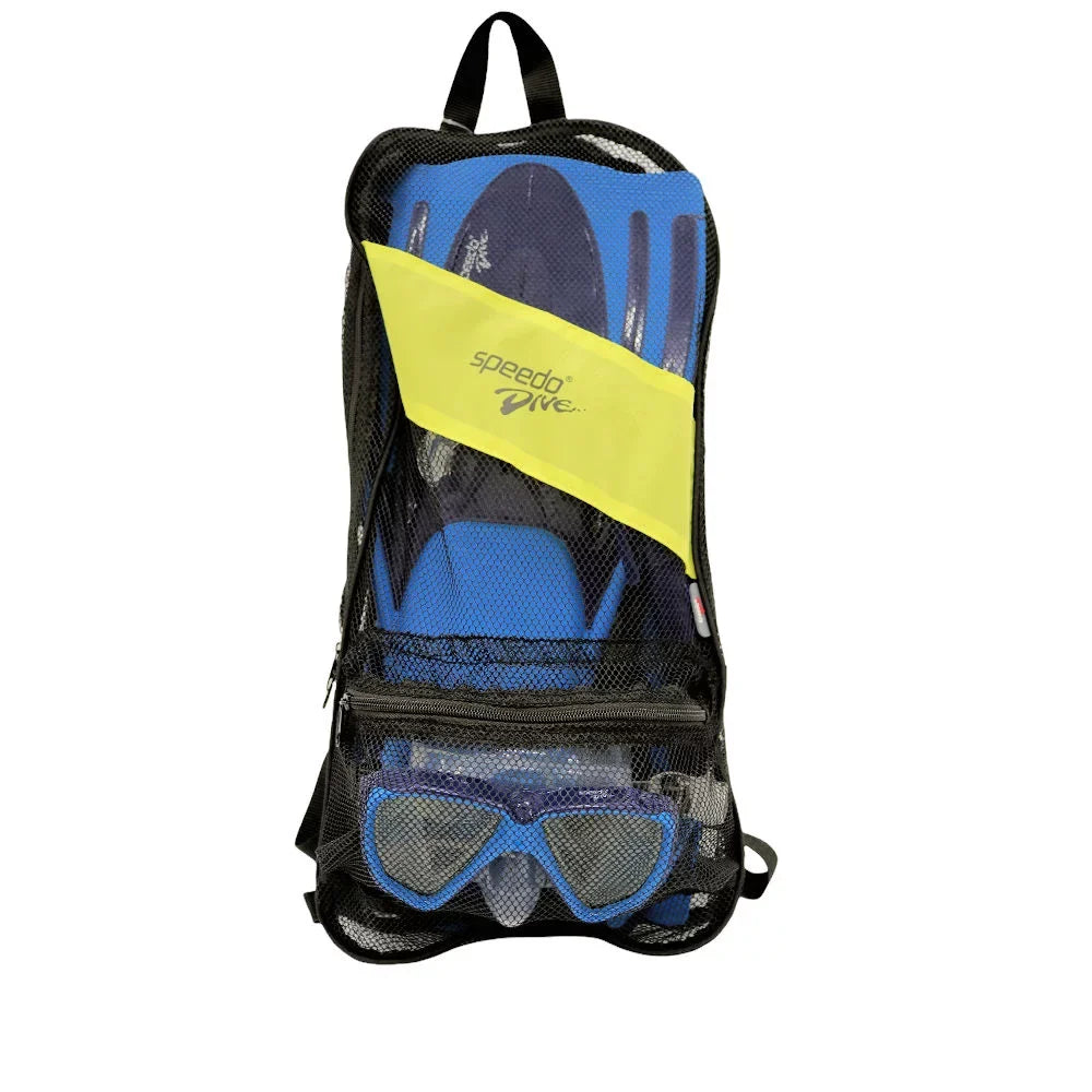 Speedo Adult Hydroscope Mask + Snorkel + Fin Set w/Carry Bag L/XL Shoe Size 9-13