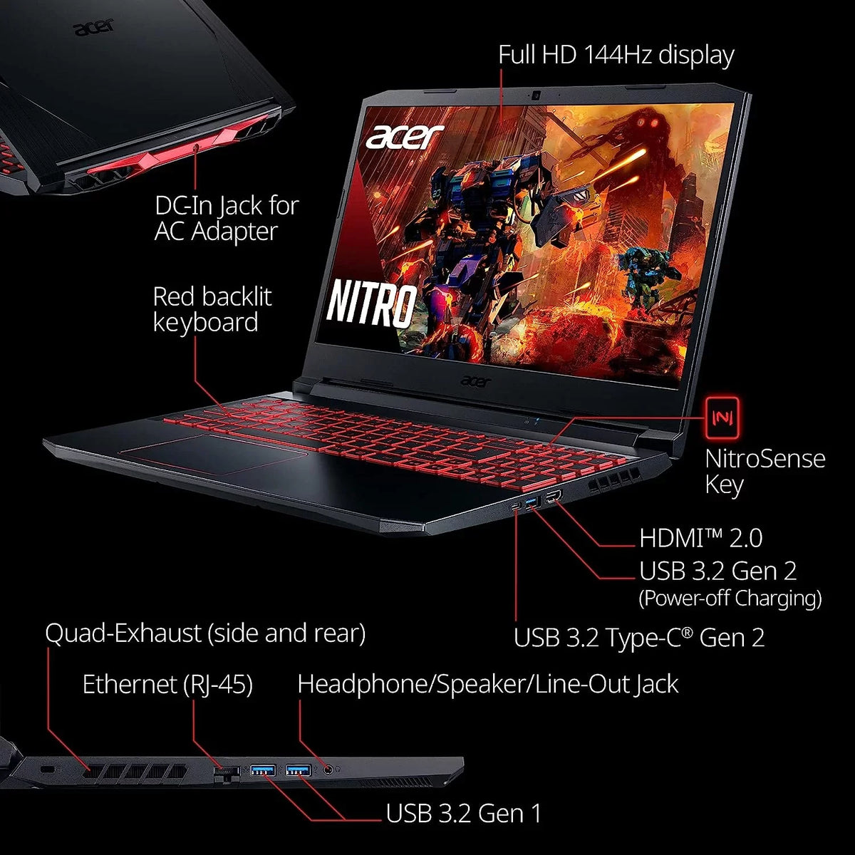 Acer Nitro 5 15.6-Inch 144hz IPS Gaming Device + High Quality 6ft HDMI Cable + LCD Screen Cleaner + Wired Stereo Gaming Headset + Gaming Mouse