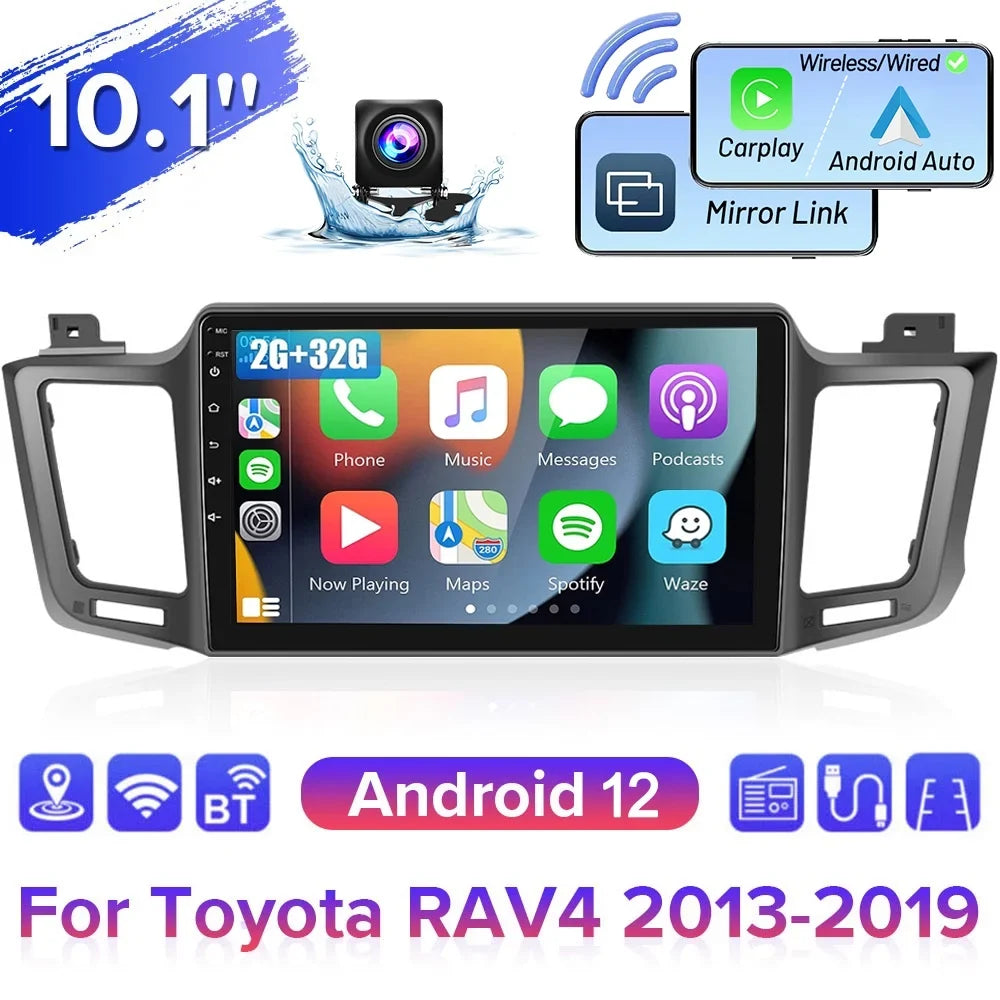 Podofo 2+32G for Toyota RAV4 2013-2019 Wireless Carplay Android Auto Mirror Link 10'' Touchscreen Car Stereo Radio Android 12 HD 1080P WIFI GPS FM Bluetooth, AHD Backup Camera