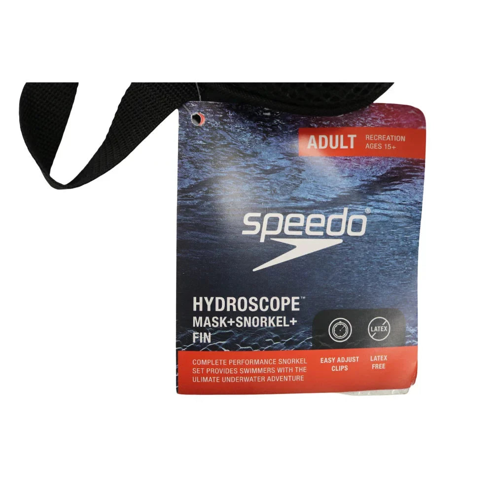 Speedo Adult Hydroscope Mask + Snorkel + Fin Set w/Carry Bag L/XL Shoe Size 9-13