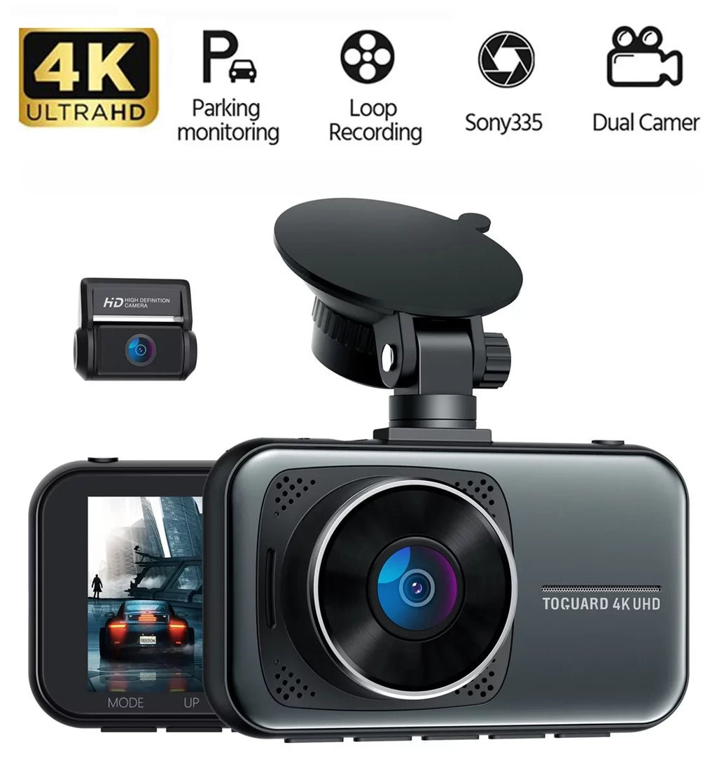 Toguard 4K Dash Cam Front and Rear Dual Dash Camera 3-inch LCD WDR Car Camera with Parking Monitor, Loop Recording, G-Sensor Function, Motion Detection, Built-in Battery