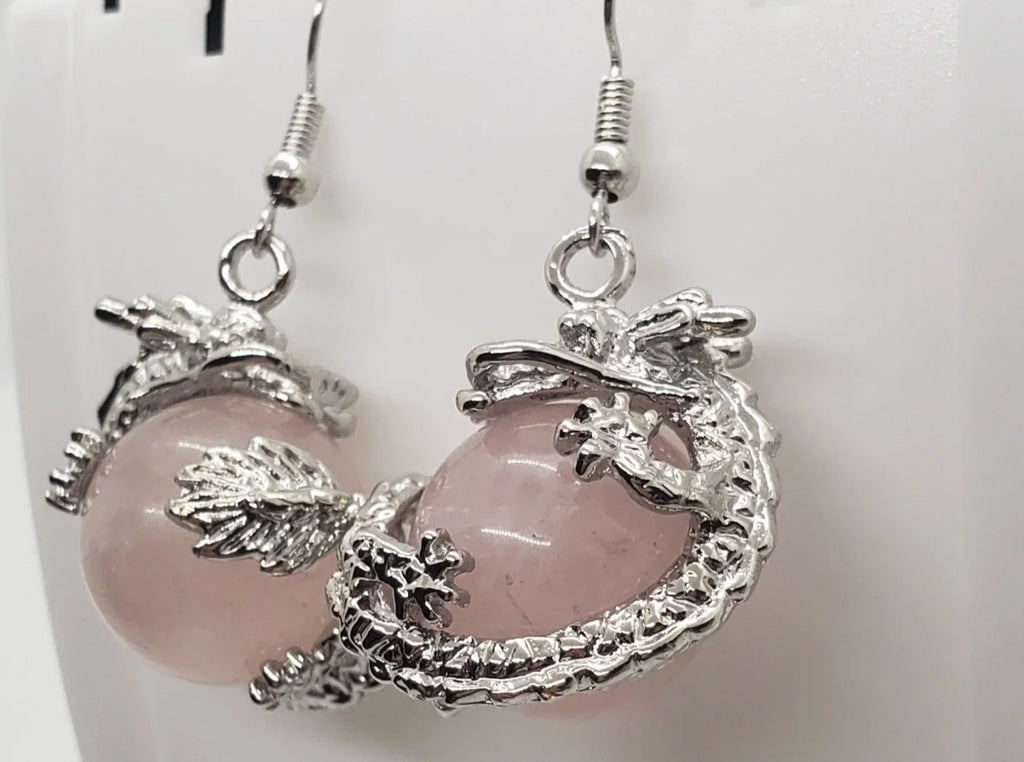 Natural Rose Quartz Dragon Earrings