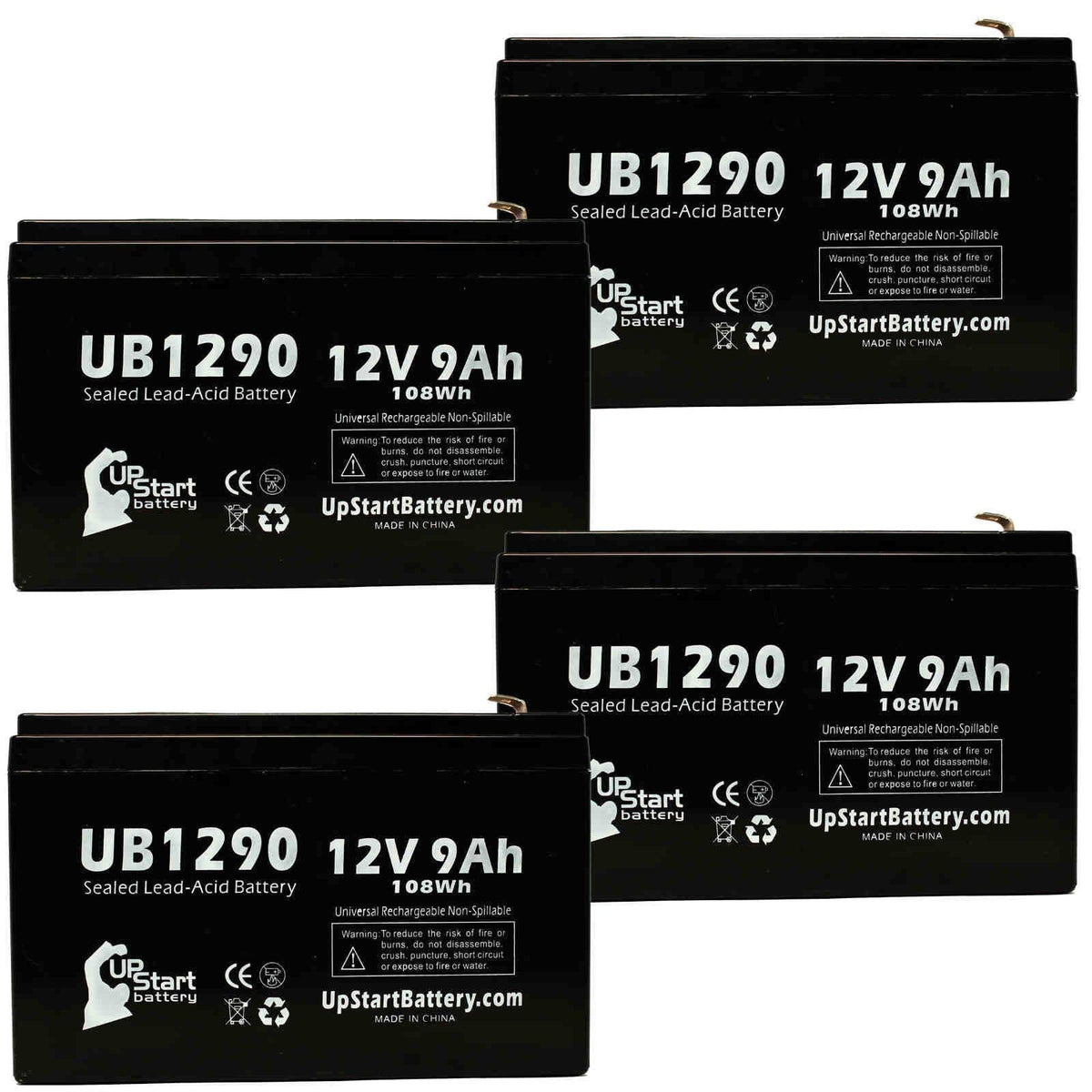 4x Pack - Compatible Opti-ups 280ES Battery - Replacement UB1290 Universal Sealed Lead Acid Battery (12V, 9Ah, 9000mAh, F1 Terminal, AGM, SLA) - Includes 8 F1 to F2 Terminal Adapters