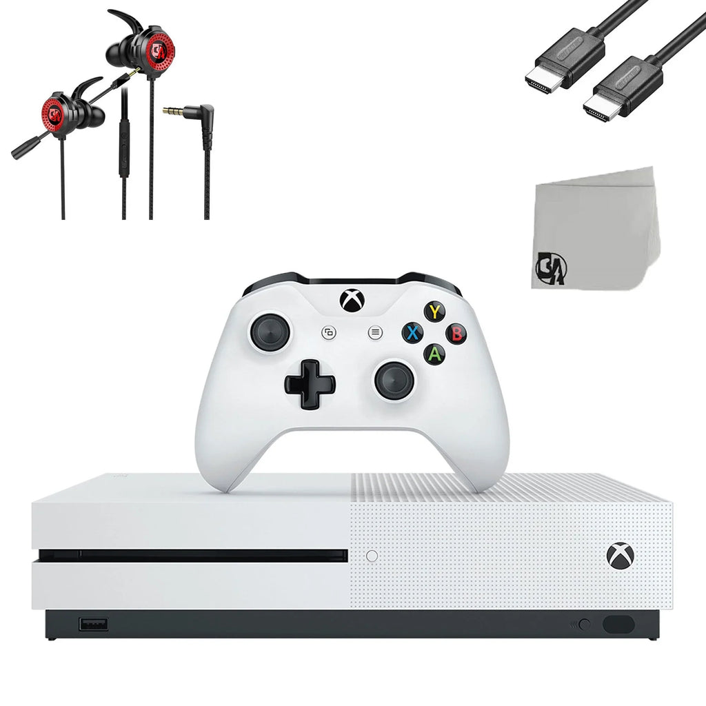 Pre-Owned Microsoft Xbox One S 500GB White Gaming Console + Gaming Earbuds With Microphone BOLT AXTION Bundle