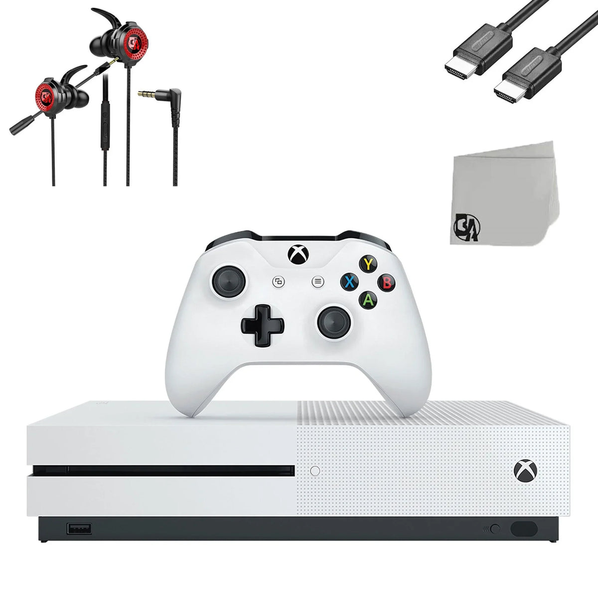 Pre-Owned Microsoft Xbox One S 500GB White Gaming Console + Gaming Earbuds With Microphone BOLT AXTION Bundle