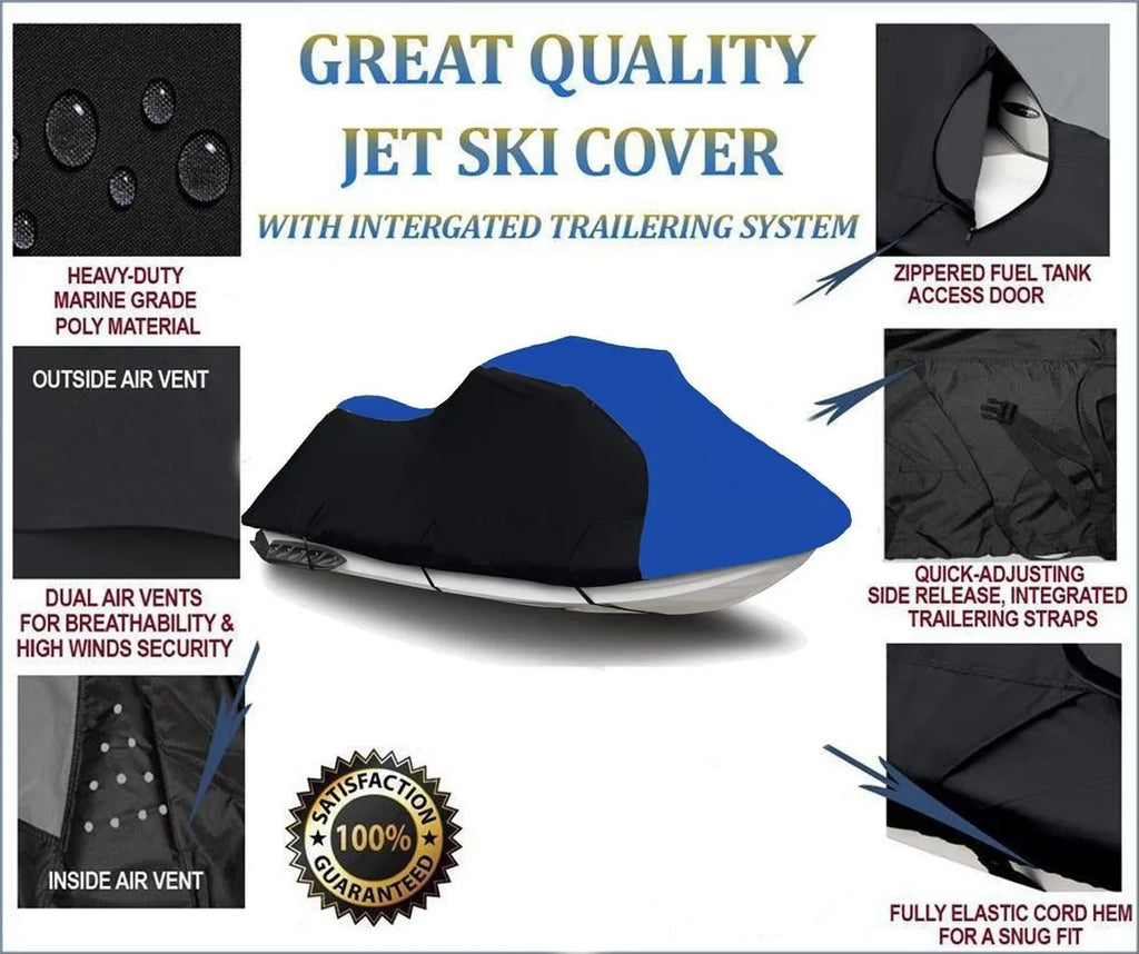 BLACK / BLUE HEAVY-DUTY, 600 DENIER Cover Compatible for Kawasaki Ultra 260X 2009 2010 Jet Ski Watercraft Cover