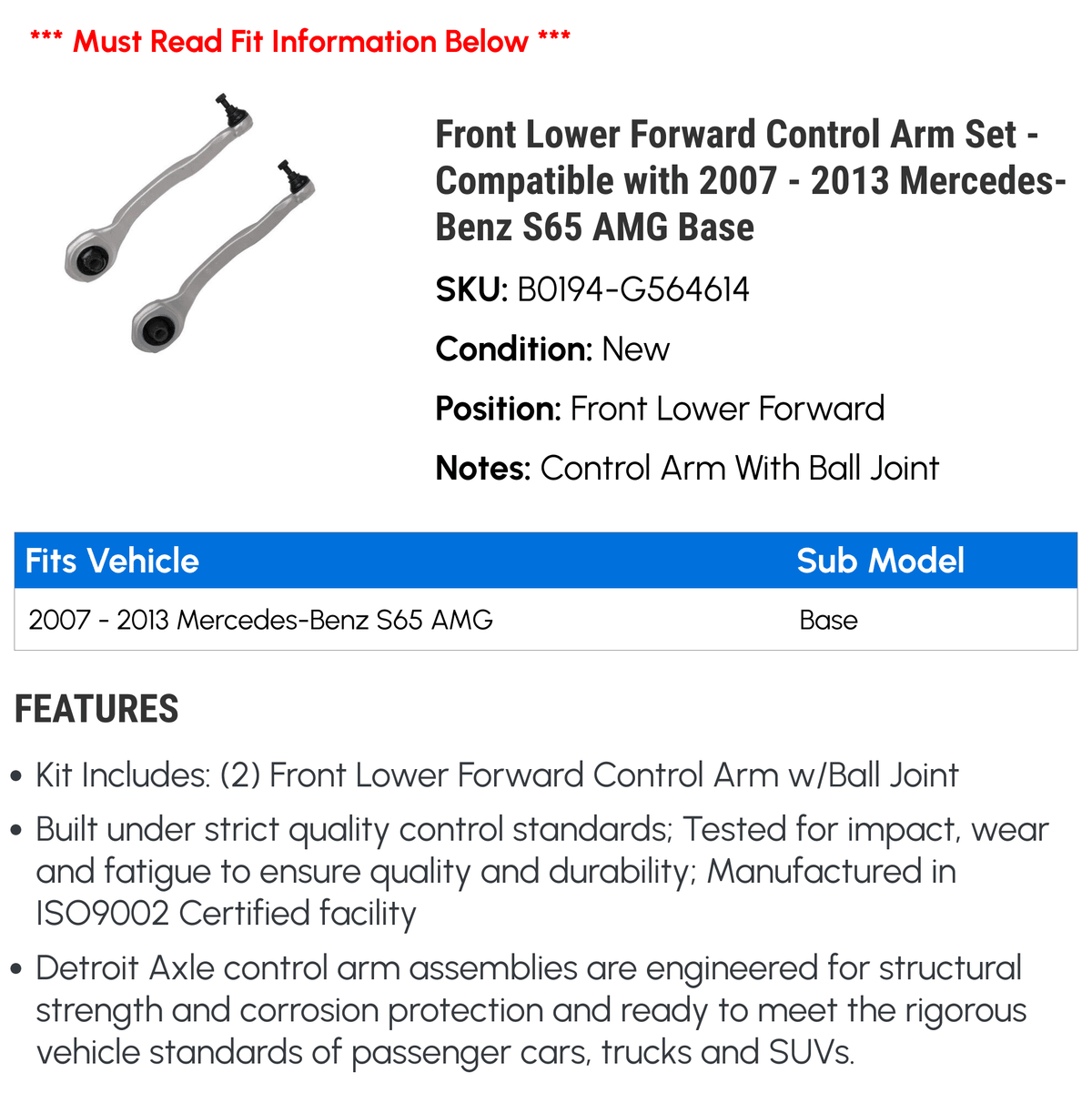 Front Lower Forward Control Arm Set - Compatible with 2007 - 2013 Mercedes-Benz S65 AMG Base 2008 2009 2010 2011 2012