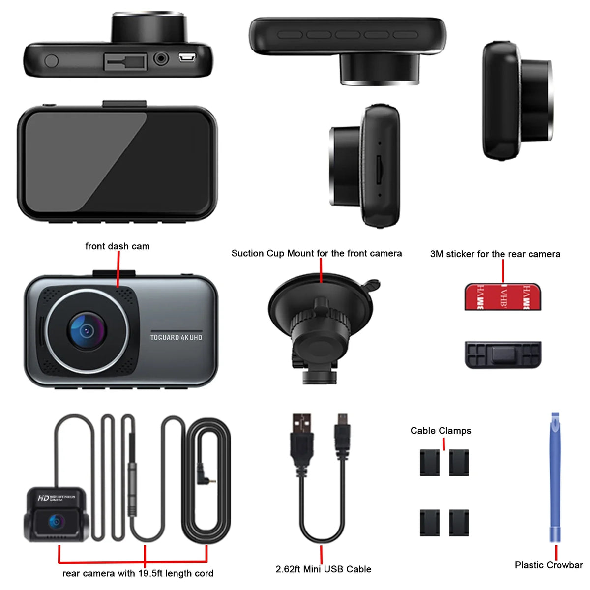 Toguard 4K Dash Cam Front and Rear Dual Dash Camera 3-inch LCD WDR Car Camera with Parking Monitor, Loop Recording, G-Sensor Function, Motion Detection, Built-in Battery